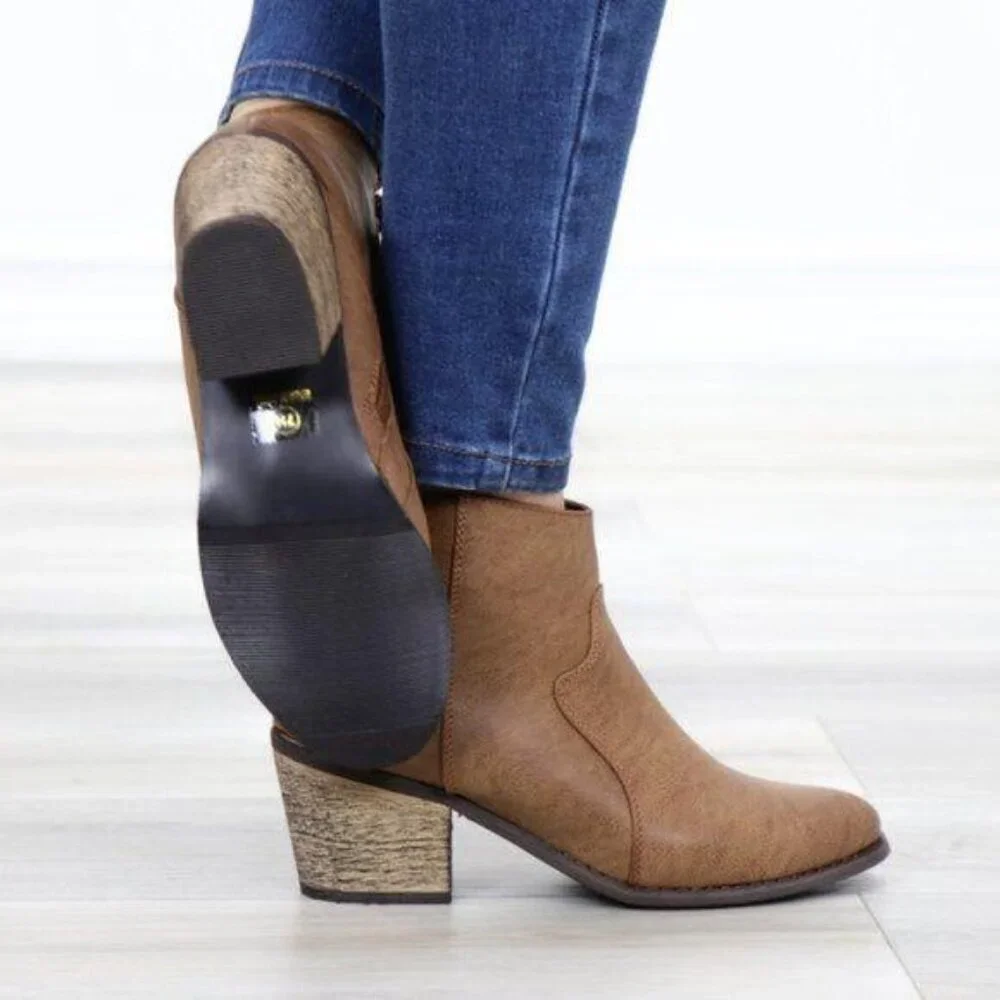 Ankle Boots Cowgirl Block Heel Pointed Toe Low Shaft Brown Faux Leather Zipper - Picture 5 of 15